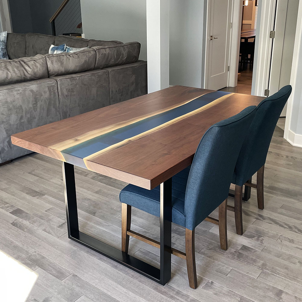 Custom live edge Black Walnut River Dining Table with U Table Leg Steel Base and glacier blue solid epoxy - 022