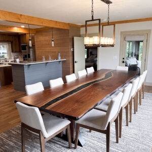 Custom live edge Black Walnut River Dining Table with Tri Arch Steel Base and Jackson Green Metallic epoxy - 026
