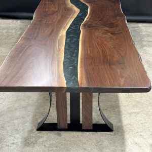 Custom live edge Black Walnut River Dining Table with Tri Arch Steel Base and Jackson Green Metallic epoxy - 026 - Top