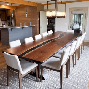 Custom live edge Black Walnut River Dining Table with Tri Arch Steel Base and Jackson Green Metallic epoxy - 026