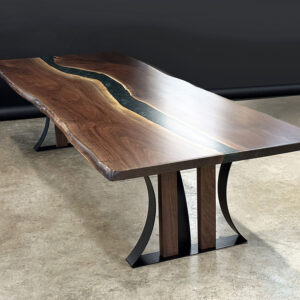 Elegant custom live edge Black Walnut River Dining Table with Tri Arch Steel Base and Jackson Green Metallic epoxy - 026