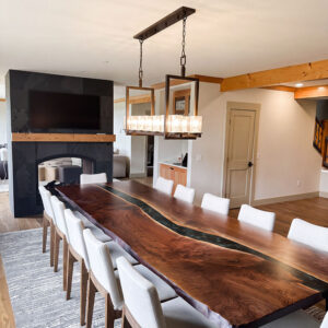 Modern Custom live edge Black Walnut River Dining Table with Tri Arch Steel Base and Jackson Green Metallic epoxy - 026