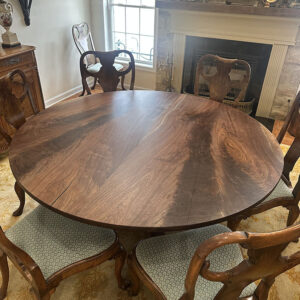Custom Black Walnut Round Dining Table with Pedestal Arch Base and bookmatched solid wood top - 027 - top view