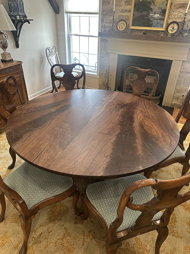 Custom Black Walnut Round Dining Table with Pedestal Arch Base and bookmatched solid wood top - 027 - top view