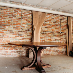 Custom Black Walnut Round Dining Table with Pedestal Arch Base and bookmatched solid wood top - 027
