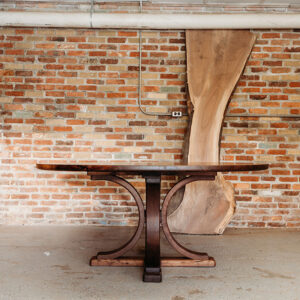 Custom Black Walnut Round Dining Table with Pedestal Arch Base and bookmatched solid wood top - 027 - side view