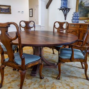 Custom Black Walnut Round Dining Table with Pedestal Arch Base and bookmatched solid wood top - 027 - in home