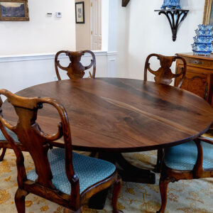 Custom Black Walnut Round Dining Table with Pedestal Arch Base and bookmatched solid wood top - 027