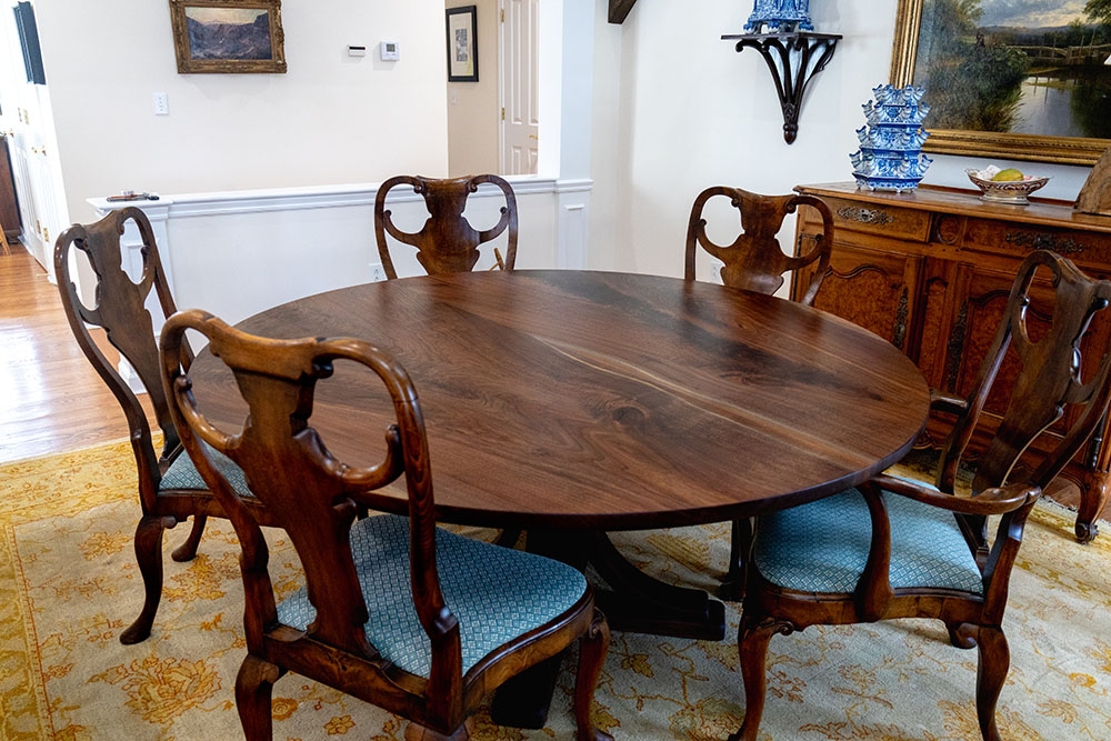 Custom Black Walnut Round Dining Table with Pedestal Arch Base and bookmatched solid wood top - 027