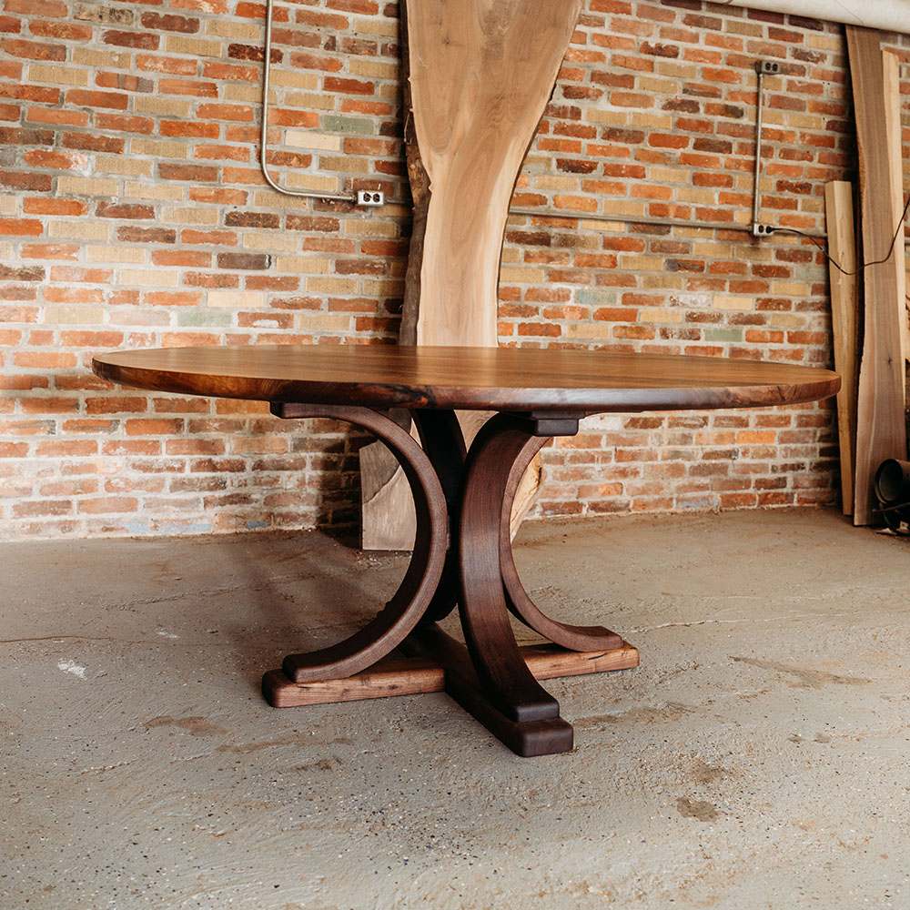 Custom Black Walnut Round Dining Table with Pedestal Arch Base and bookmatched solid wood top - 027