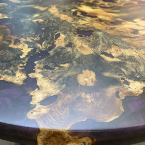 Custom buckeye burl live edge Dining Table with Lithe Steel Base and Mountain Purple Metallic epoxy - 028 - Up Close