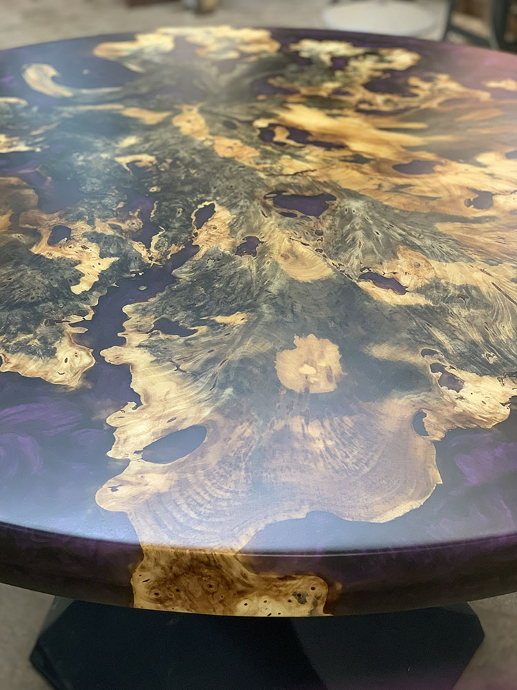 Custom buckeye burl live edge Dining Table with Lithe Steel Base and Mountain Purple Metallic epoxy - 028 - Up Close