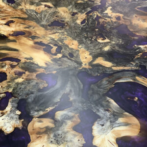 Custom buckeye burl live edge Dining Table with Lithe Steel Base and Mountain Purple Metallic epoxy - 028 - Detail