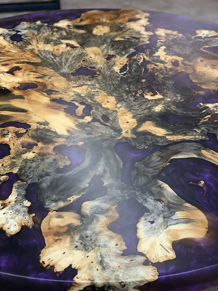 Custom buckeye burl live edge Dining Table with Lithe Steel Base and Mountain Purple Metallic epoxy - 028 - Detail