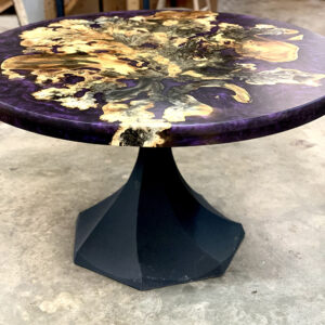 Custom buckeye burl live edge Dining Table with Lithe Steel Base and Mountain Purple Metallic epoxy - 028