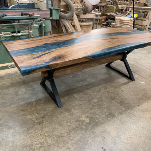Custom Handcrafted Cedar Live Edge Turquoise River Conference Table with X-Beam Steel Base - 060