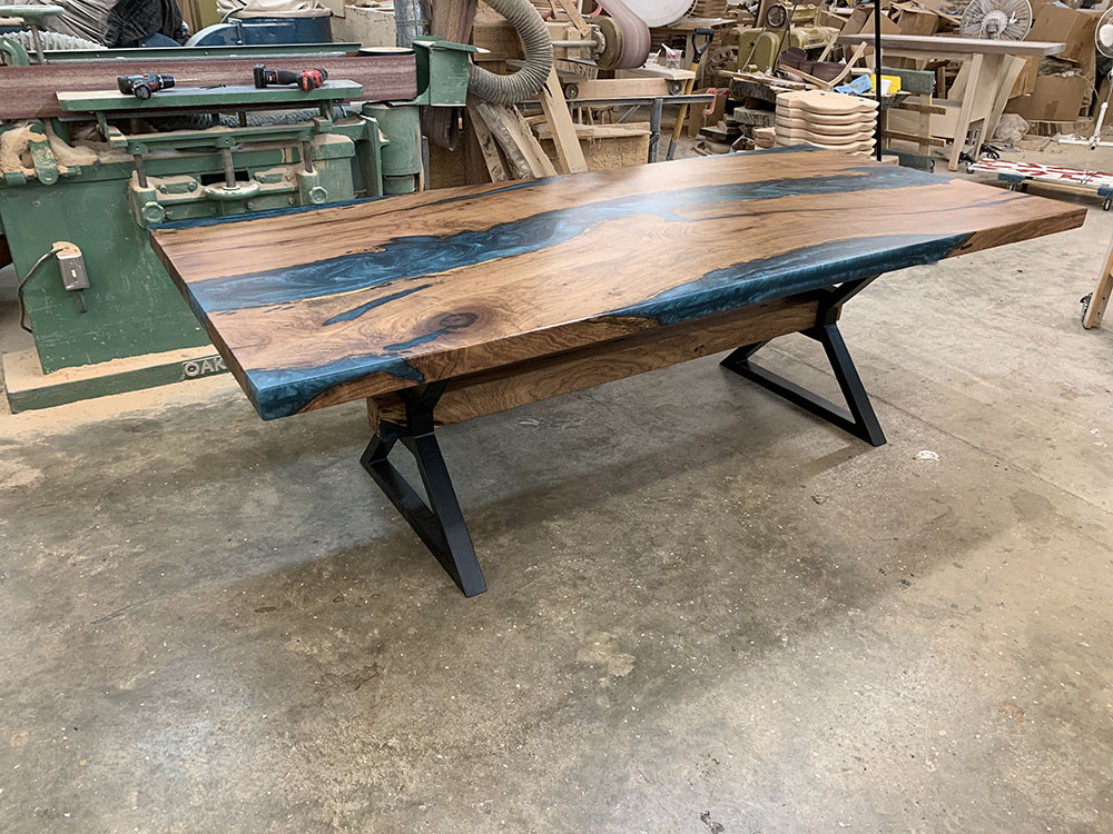 Custom Handcrafted Cedar Live Edge Turquoise River Conference Table with X-Beam Steel Base - 060