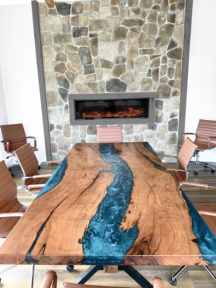 Custom Handcrafted Cedar Live Edge Turquoise River Conference Table with X-Beam Steel Base - 060