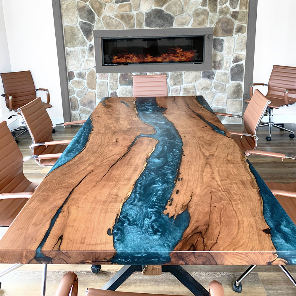 Custom Handcrafted Cedar Live Edge Turquoise River Conference Table with X-Beam Steel Base - 060
