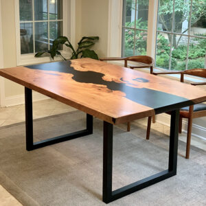 Custom live edge Cherry River Dining Table with U Steel Legs and Black Solid epoxy - 029