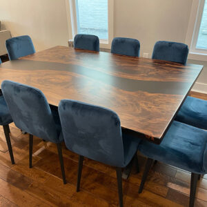 Custom live edge Claro Walnut River Dining Table with Double X Steel Base and Black Solid epoxy - 030 - Seats up to 10