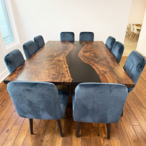 Custom live edge Claro Walnut River Dining Table with Double X Steel Base and Black Solid epoxy - 030
