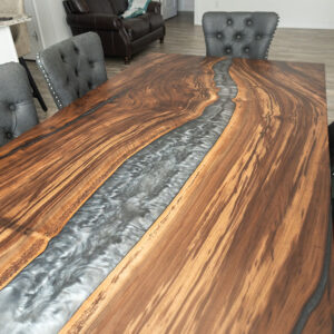 Custom Handcrafted Claro Walnut Live Edge Dining Table with X-Beam Steel Base and Dauphin Metallic Epoxy - 066 - Top