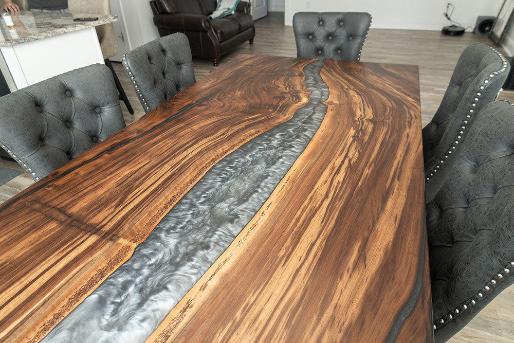 Custom Handcrafted Claro Walnut Live Edge Dining Table with X-Beam Steel Base and Dauphin Metallic Epoxy - 066 - Top