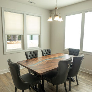 Custom Handcrafted Claro Walnut Live Edge Dining Table with X-Beam Steel Base and Dauphin Metallic Epoxy - 066