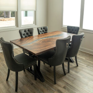 Custom Handcrafted Claro Walnut Live Edge Dining Table with X-Beam Steel Base and Dauphin Metallic Epoxy - 066