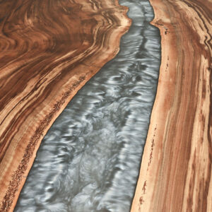 Custom Handcrafted Claro Walnut Live Edge Dining Table with X-Beam Steel Base and Dauphin Metallic Epoxy - 066