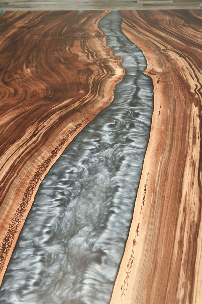 Custom Handcrafted Claro Walnut Live Edge Dining Table with X-Beam Steel Base and Dauphin Metallic Epoxy - 066