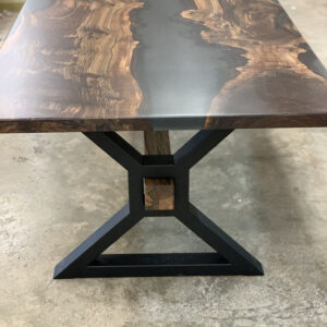 Custom Handcrafted Claro Walnut Live Edge River Dining Table with X-Beam Steel Base & Smokey Gray Epoxy - 054