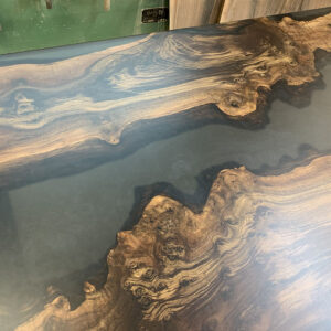 Custom Handcrafted Claro Walnut Live Edge River Dining Table with X-Beam Steel Base & Smokey Gray Epoxy - 054 - Up Close Detail