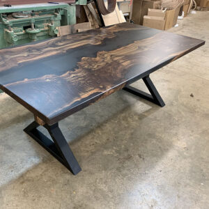 Custom Handcrafted Claro Walnut Live Edge River Dining Table with X-Beam Steel Base & Smokey Gray Epoxy - 054