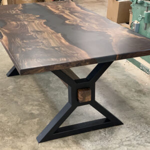 Custom Handcrafted Claro Walnut Live Edge River Dining Table with X-Beam Steel Base & Smokey Gray Epoxy - 054