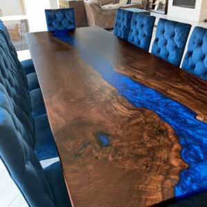 Custom Handcrafted Claro Walnut Live Edge River Dining Table with Sapphire Blue Metallic Epoxy - 048
