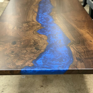 Custom Handcrafted Claro Walnut Live Edge River Dining Table with Sapphire Blue Metallic Epoxy - 048