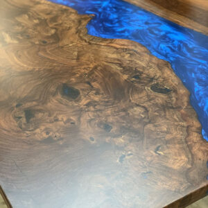 Custom Handcrafted Claro Walnut Live Edge River Dining Table with Sapphire Blue Metallic Epoxy - 048 - Close up