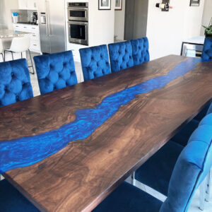 Custom Handcrafted Claro Walnut Live Edge River Dining Table with Sapphire Blue Metallic Epoxy - 048