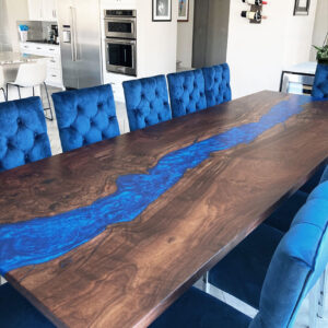Custom Handcrafted Claro Walnut Live Edge River Dining Table with Sapphire Blue Metallic Epoxy - 048 - Seats 12