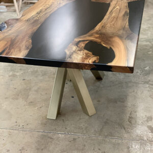 Custom Handcrafted English Elm Black River Dining Table with Brass Cross Steel Base and Black Epoxy - 058