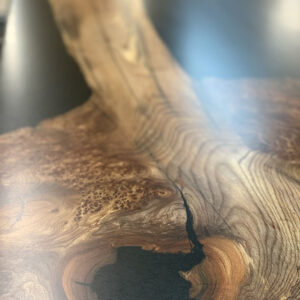 Custom Handcrafted English Elm Black River Dining Table with Brass Cross Steel Base and Black Epoxy - 058 - Detail