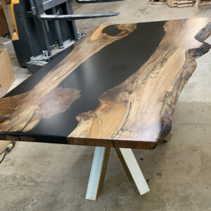 Custom Handcrafted English Elm Black River Dining Table with Brass Cross Steel Base and Black Epoxy - 058