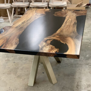 Custom Handcrafted English Elm Black River Dining Table with Brass Cross Steel Base and Black Epoxy - 058