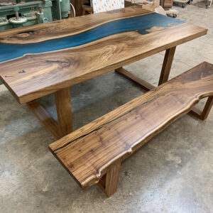 Custom Handcrafted English Elm Live Edge River Dining Table with U Wood Base - 051 with Bench