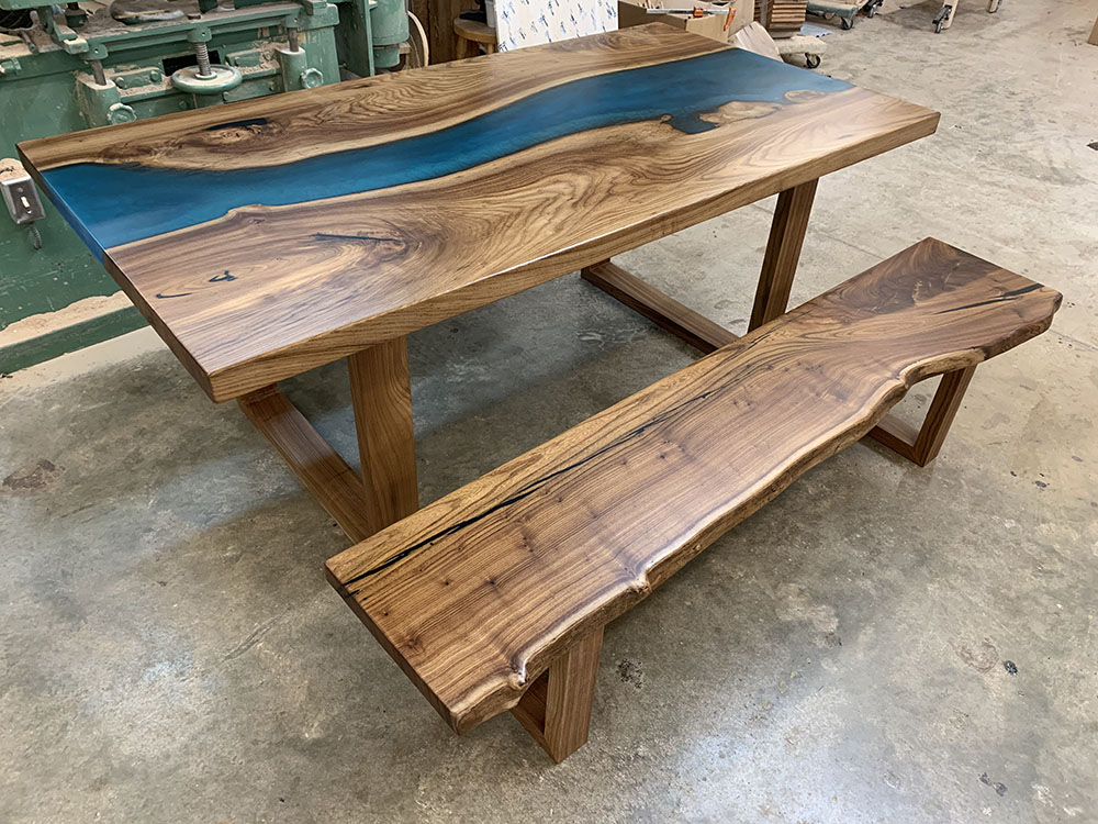 Custom Handcrafted English Elm Live Edge River Dining Table with U Wood Base - 051 with Bench