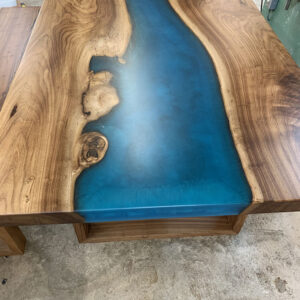 Custom Handcrafted English Elm Live Edge River Dining Table with U Wood Base and blue green epoxy - 051