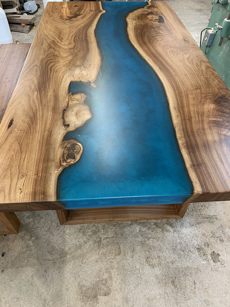 Custom Handcrafted English Elm Live Edge River Dining Table with U Wood Base and blue green epoxy - 051