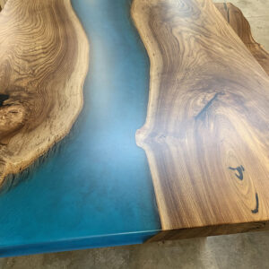 Custom Handcrafted English Elm Live Edge River Dining Table with U Wood Base and blue green epoxy - 051